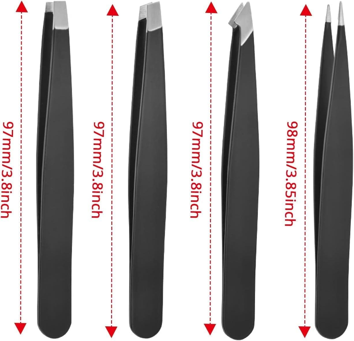 "" 4-Piece Tweezers Set - Professional Stainless Steel Precision Tools for Eyebrows, Facial Hair, Splinter, and Ingrown Hair Removal for Men and Women (Black)