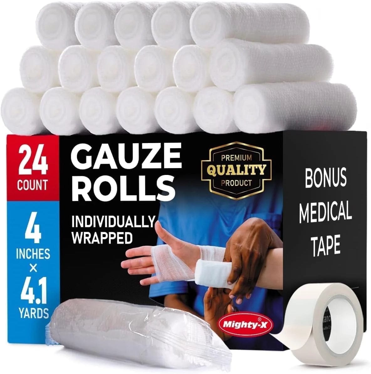Gauze Rolls - 24 Pack - 4" X 4.1Yd Breathable Rolled Gauze - Individually Wrapped with Bonus Tape - First Aid Conforming Stretch Wrap for Wounds