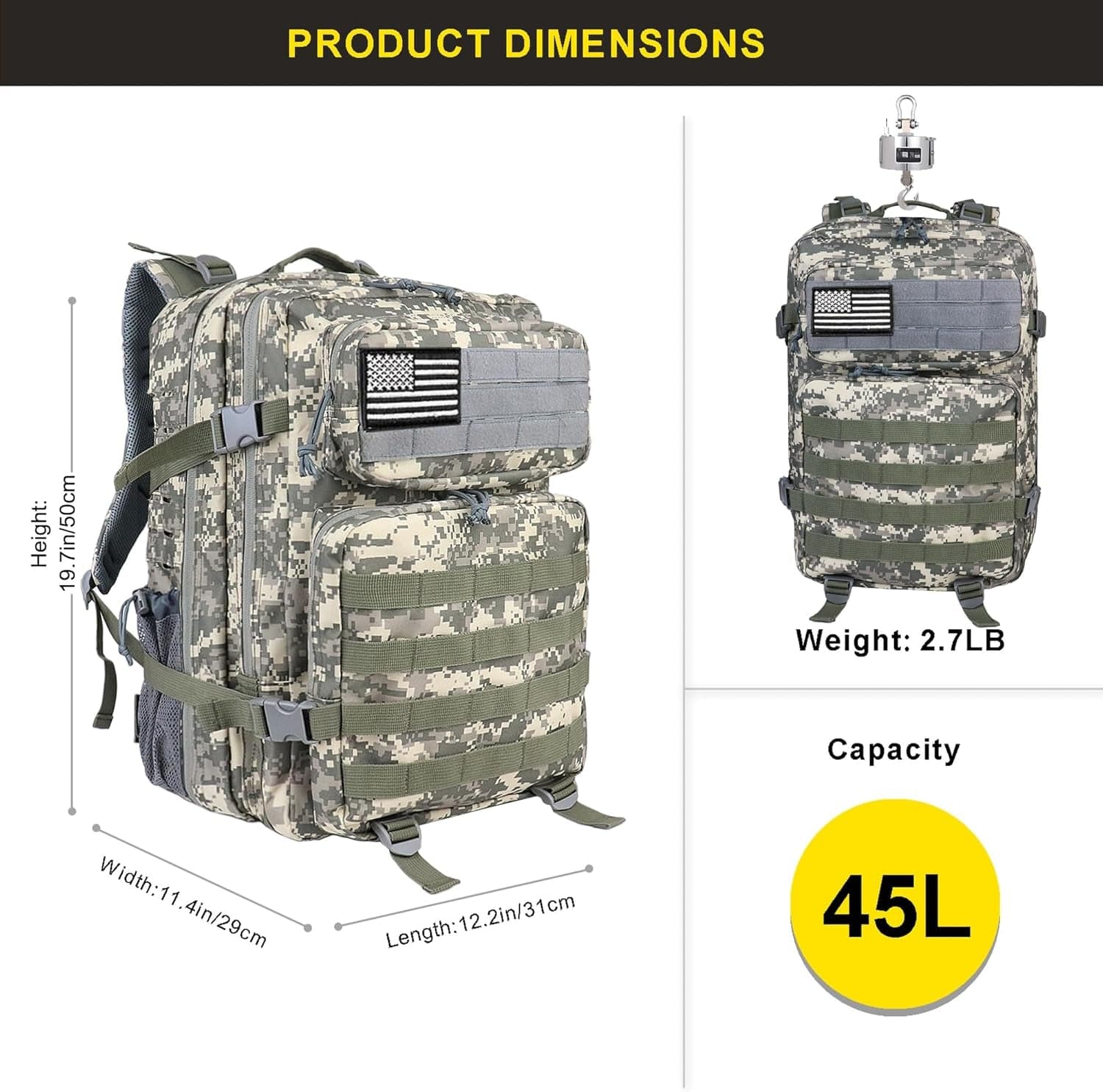 45L Military Tactical Backpack for Men and Women Army 3 Day Assault Pack Bag Large Rucksack with Molle System