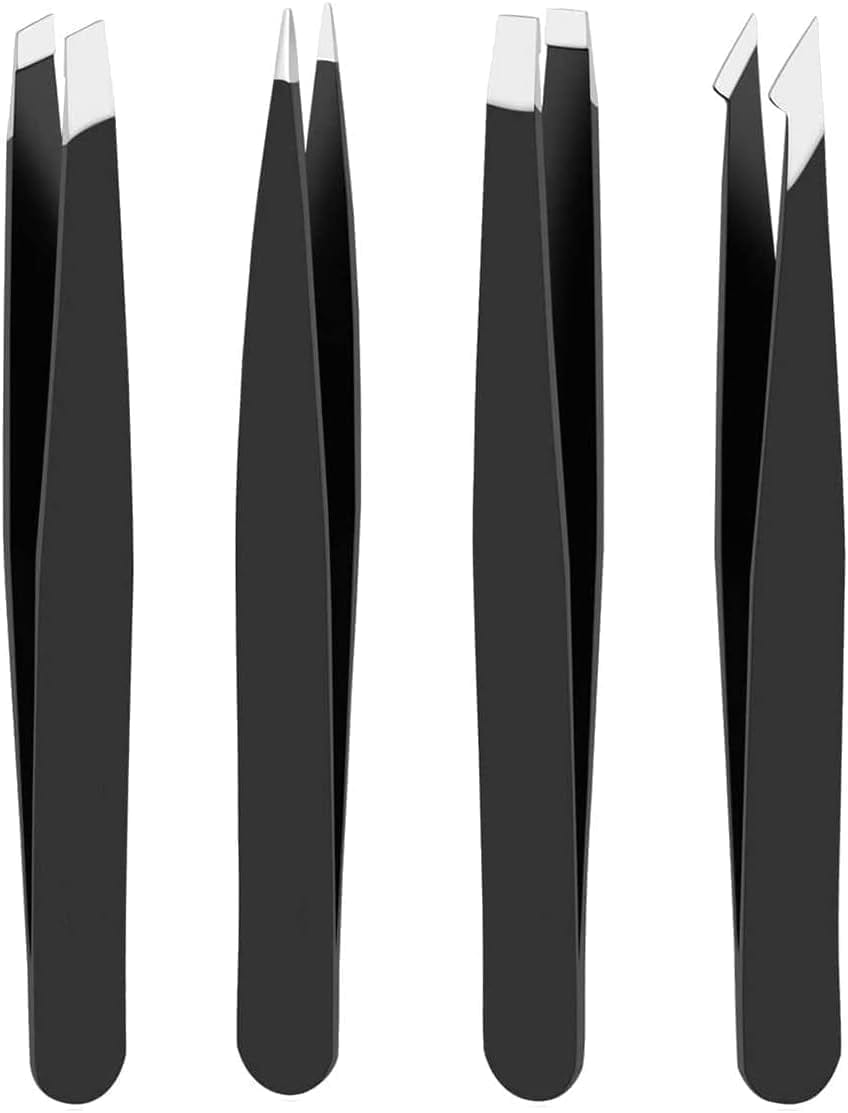 "" 4-Piece Tweezers Set - Professional Stainless Steel Precision Tools for Eyebrows, Facial Hair, Splinter, and Ingrown Hair Removal for Men and Women (Black)