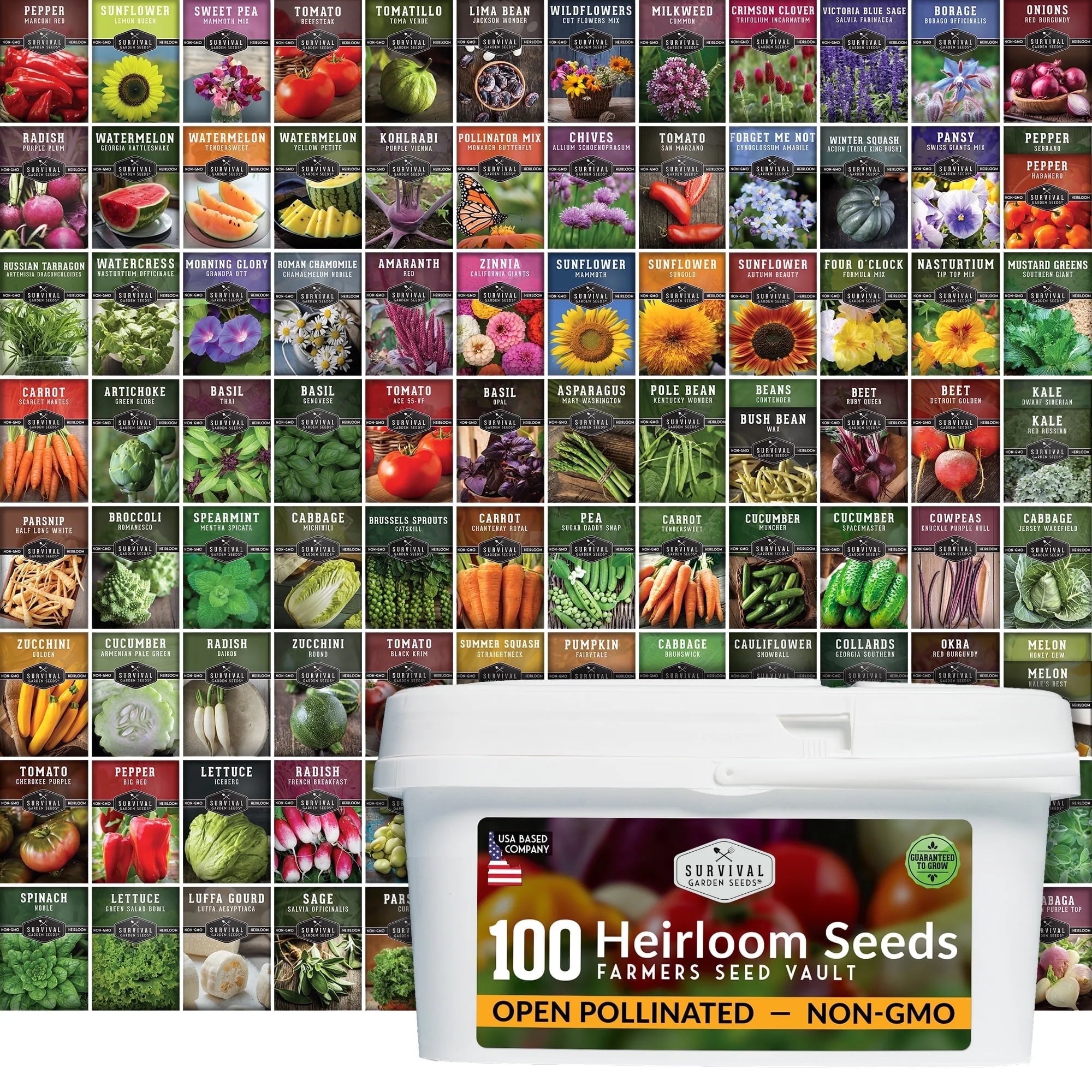 100 Pack Farmer Kit Vegetable Seeds - Non GMO Heirloom Full Sun Annual - Emergency Seed Bank Survival Gear