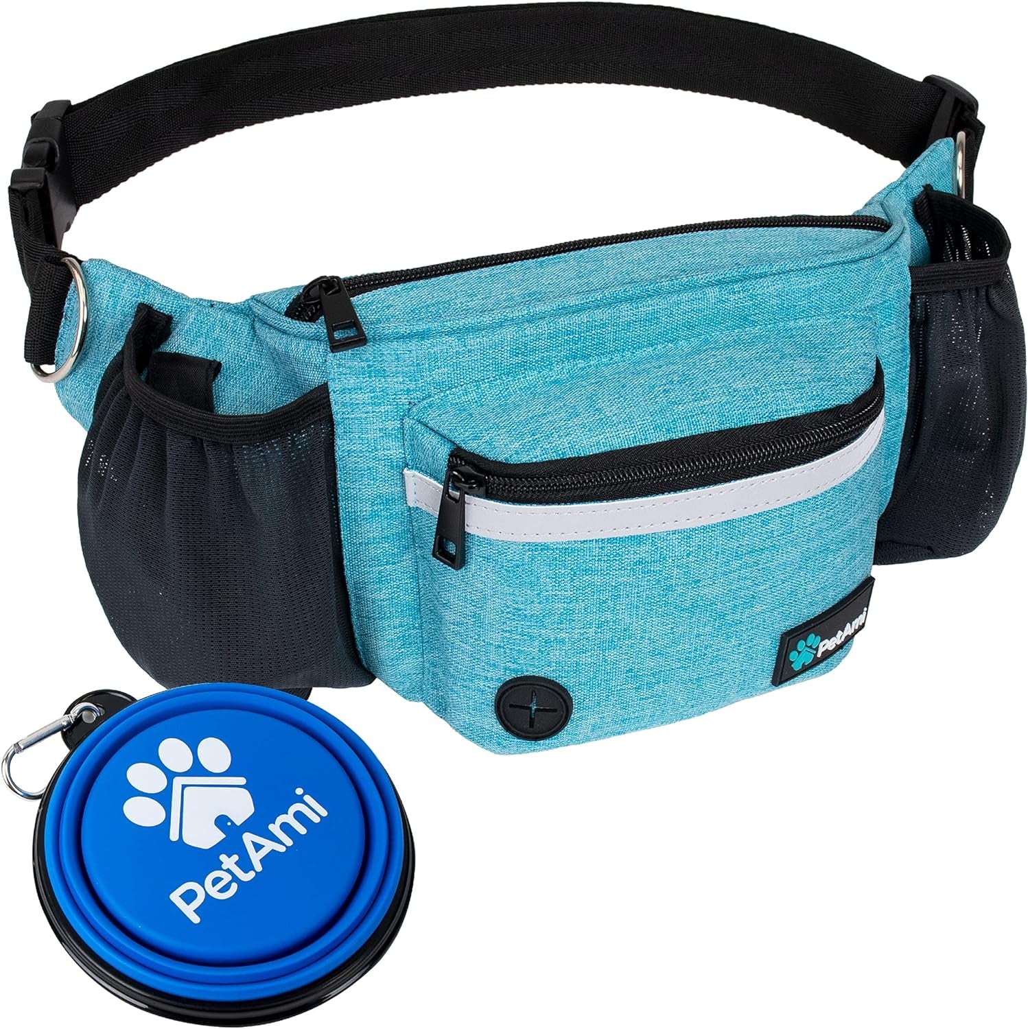 Dog Fanny Pack, Treat Pouch for Dog Walking, Training, Built in Poop Bag Dispenser, Water Bottle Holder, Collapsible Bowl, Pet Treat Waist Belt for Hiking, Running, Kibbles (Turquoise)