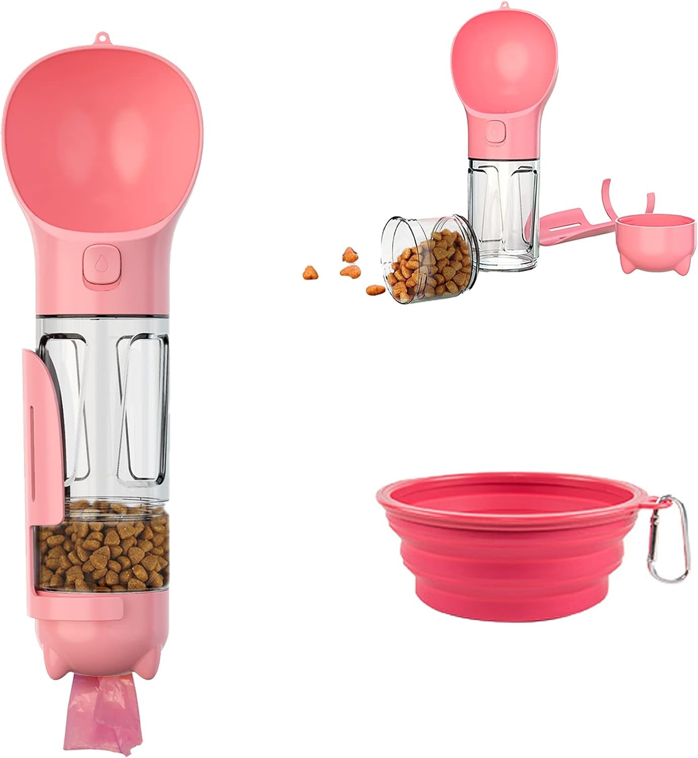 Dog Water Bottle, 4 in 1 Pet Travel Water Cup with Food Box, Shovel,Garbage Bags for Hiking Travel(Pink)