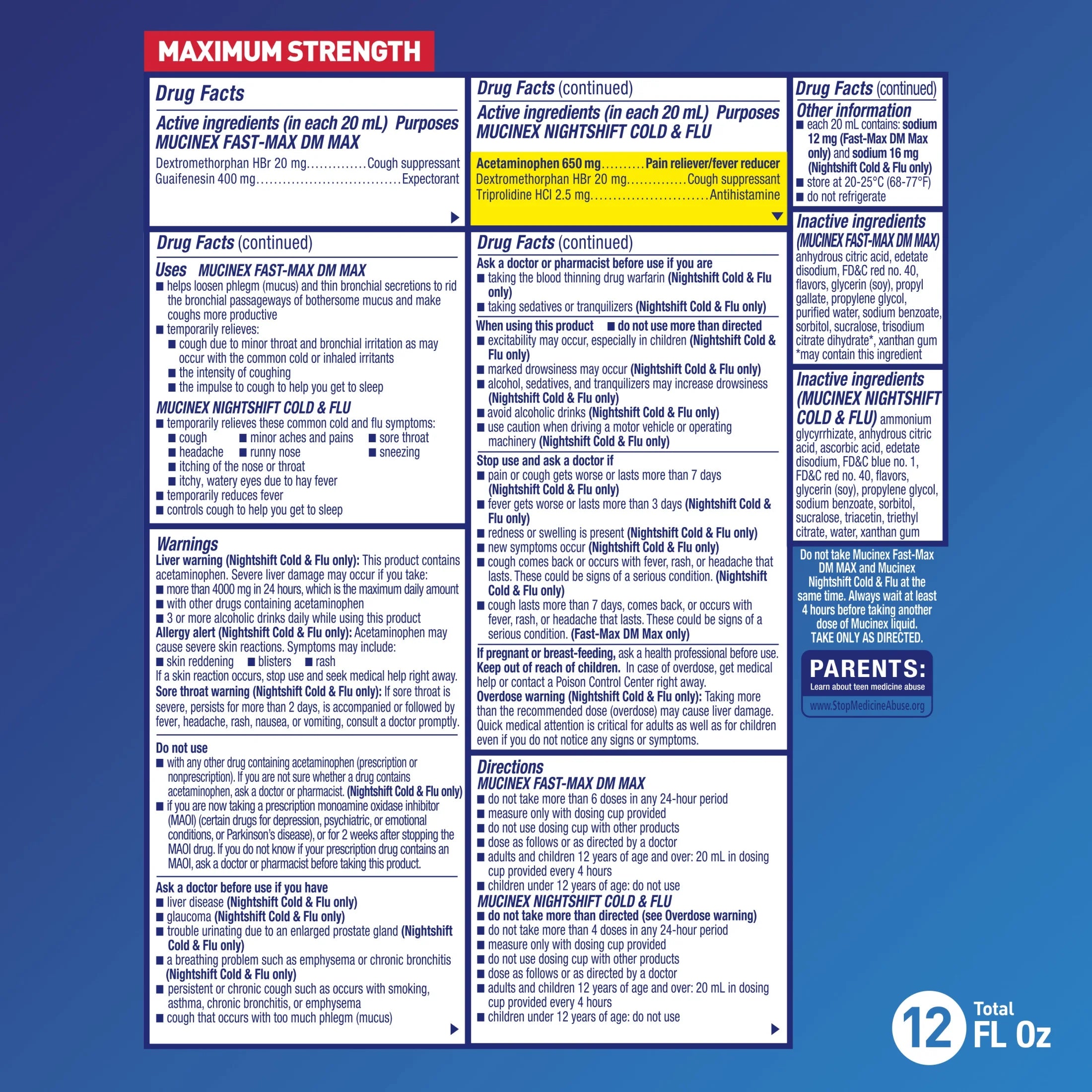 Fast-Max DM Max & Nightshift Cold and Flu Medicine, OTC Day/Night Cough Medicine, 2X6 Fl Oz