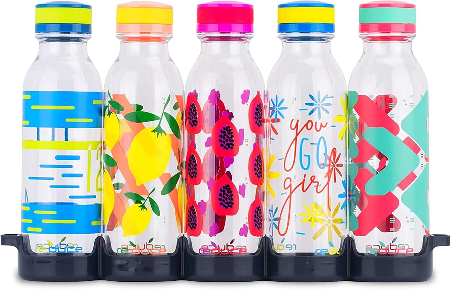 Waterweek Reusable Water Bottle Set, 20Oz – Plastic Reusable Water Bottle Set of 5, plus Fridge Tray – Bpa-Free, Leak Proof Twist off Cap – You Go Girl