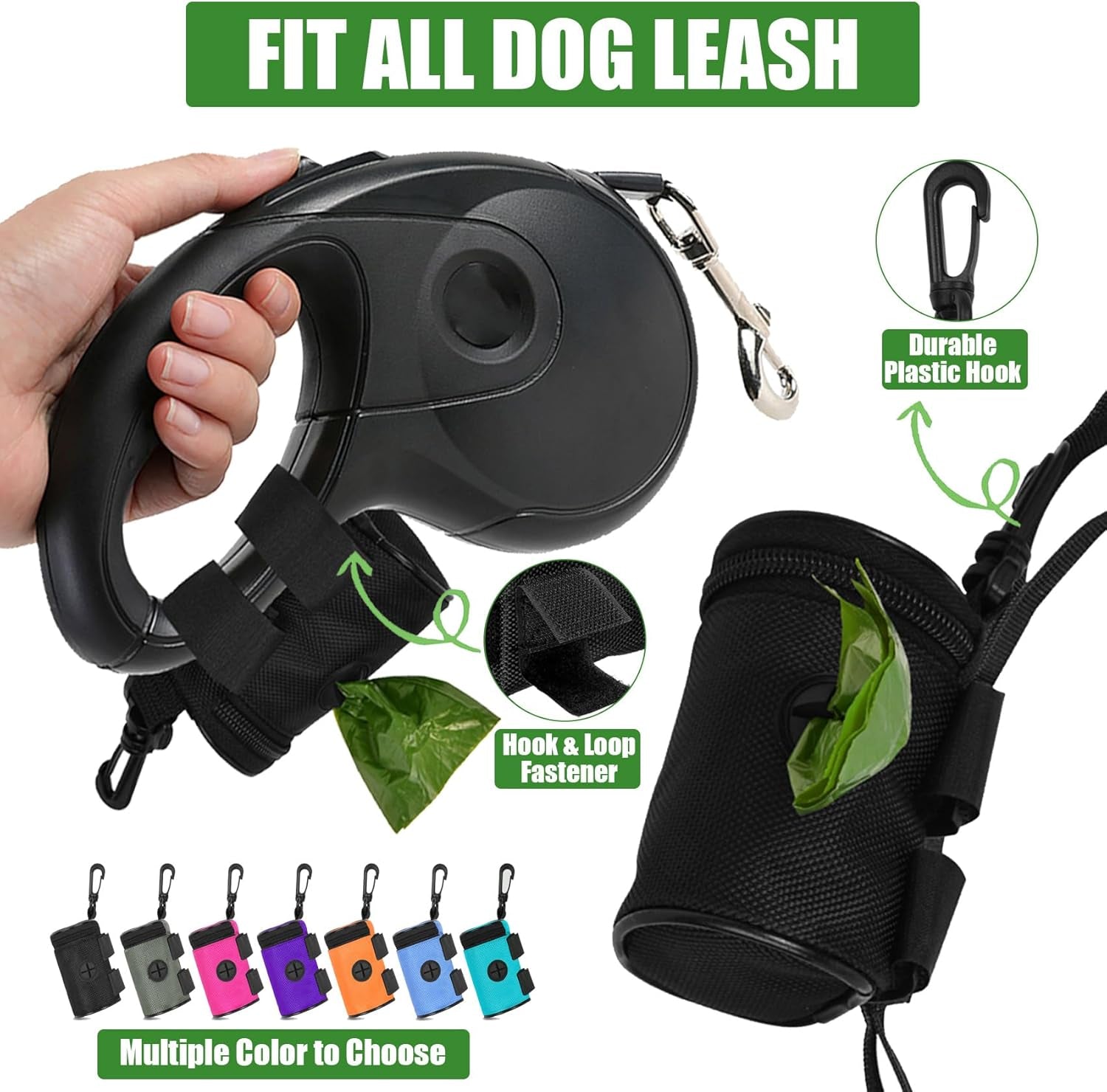 Dog Poop Bag Holder for Leash Attachment - Waste Bag Dispenser for Leash - Fits Any Dog Leash - Portable Set with Hand Free Holder Metal Carrier, round Shape, Purple