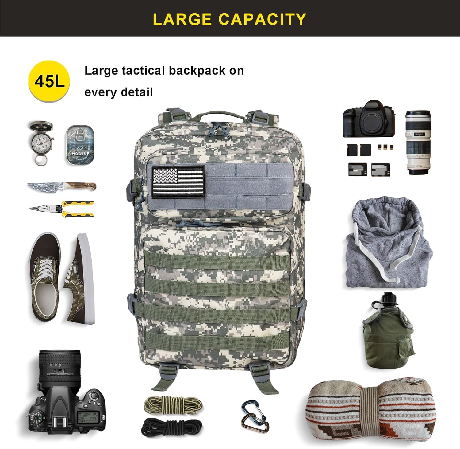 45L Military Tactical Backpack for Men and Women Army 3 Day Assault Pack Bag Large Rucksack with Molle System