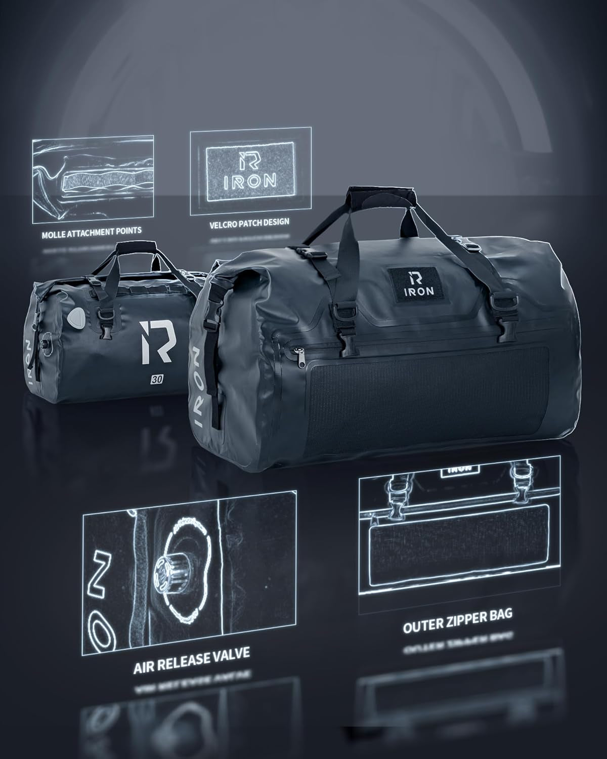 Motorcycle Dry Bag - Waterproof Duffle & Luggage Tail Bag Saddle Bags with Roll Top Closure, Shoulder Straps, Inner Pocket and Mesh Pocket (Black, 30L)