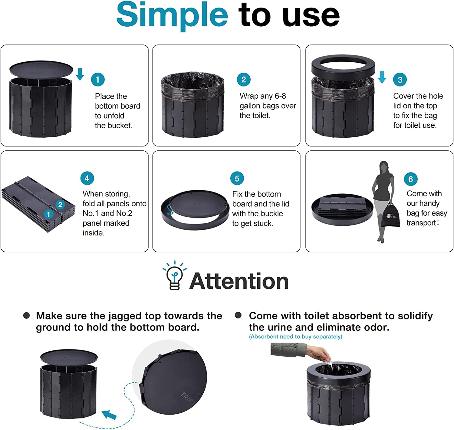 Portable Toilet for Car Travel, Camping, Adults - Folding Bucket Potty, Waterproof for Boat/Hiking/Long Trips