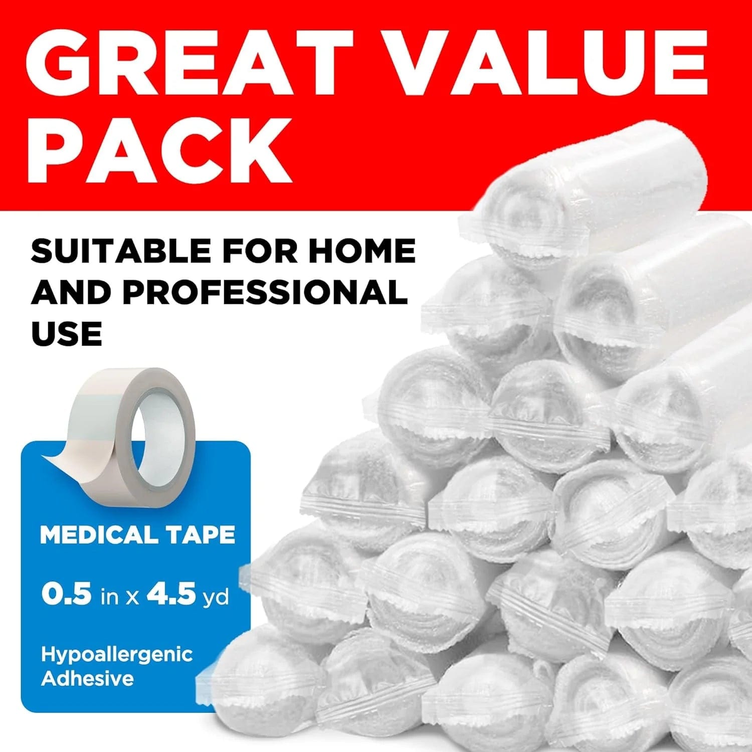 Gauze Rolls - 24 Pack - 4" X 4.1Yd Breathable Rolled Gauze - Individually Wrapped with Bonus Tape - First Aid Conforming Stretch Wrap for Wounds