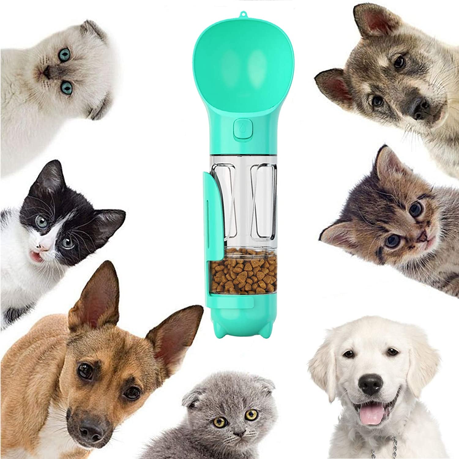 Dog Water Bottle, 4 in 1 Pet Travel Water Cup with Food Box, Shovel,Garbage Bags for Hiking Travel(Turquoise)