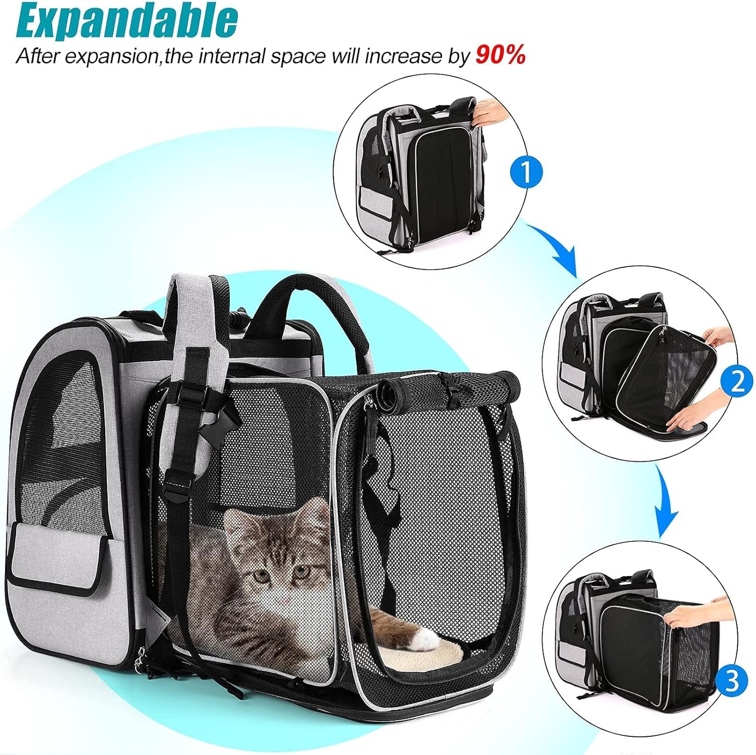 Cat Carrier Backpack,Dog Backpack with Safety Clip Inside,Breathable Mesh, Safety Buckles, Collapsible Bowl, Thick Pad, Pet Travel Bags for Small Dogs, Cats, Grey