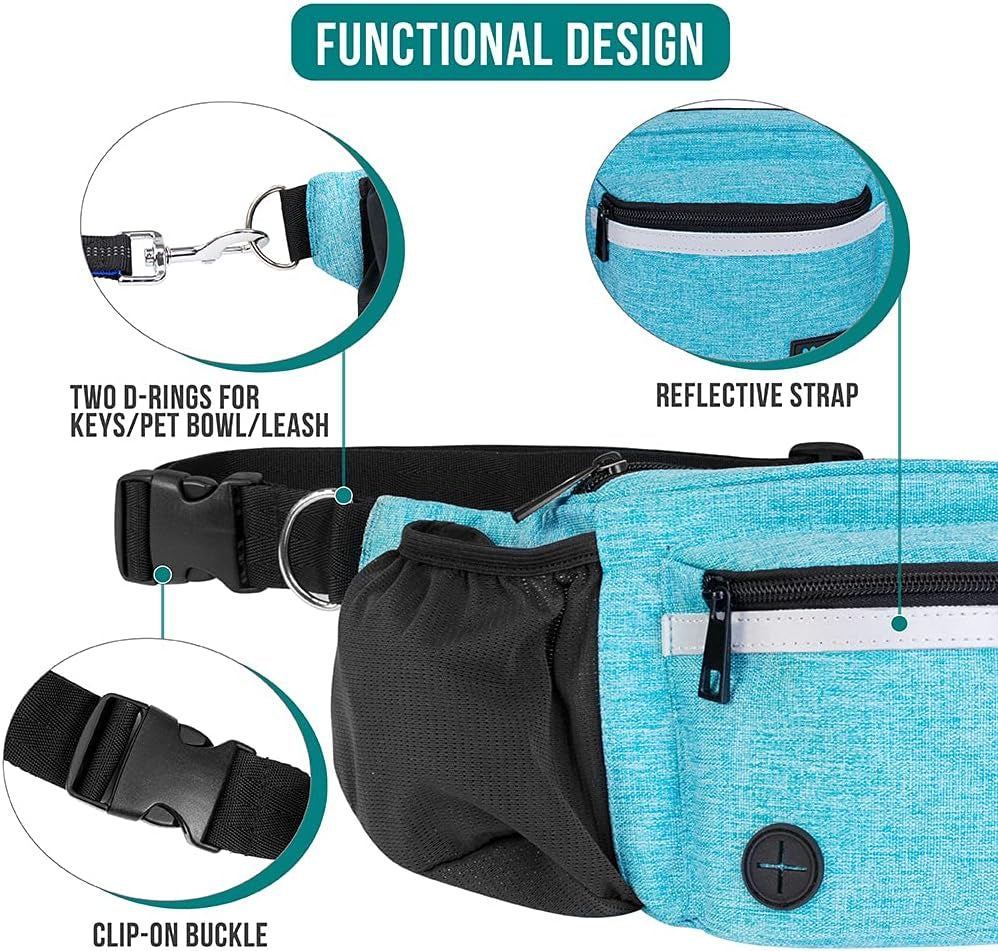 Dog Fanny Pack, Treat Pouch for Dog Walking, Training, Built in Poop Bag Dispenser, Water Bottle Holder, Collapsible Bowl, Pet Treat Waist Belt for Hiking, Running, Kibbles (Turquoise)