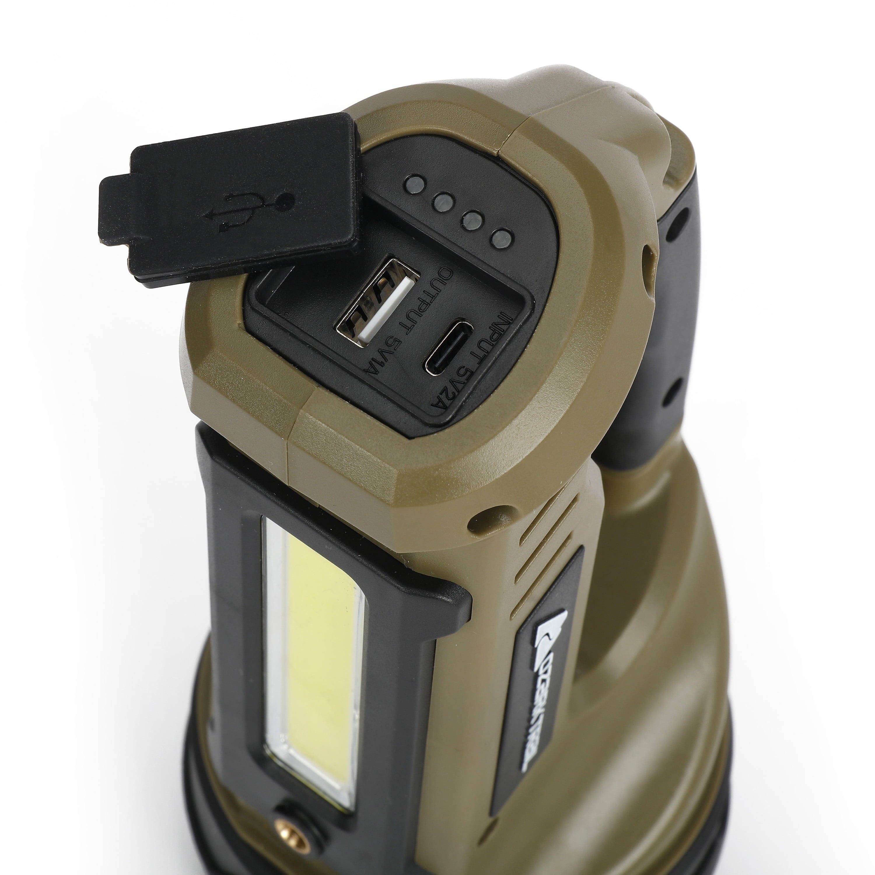 LED 2000 Lumen Dual Source Rechargeable Flashlight, with 5000 Mah Power Bank, Olive