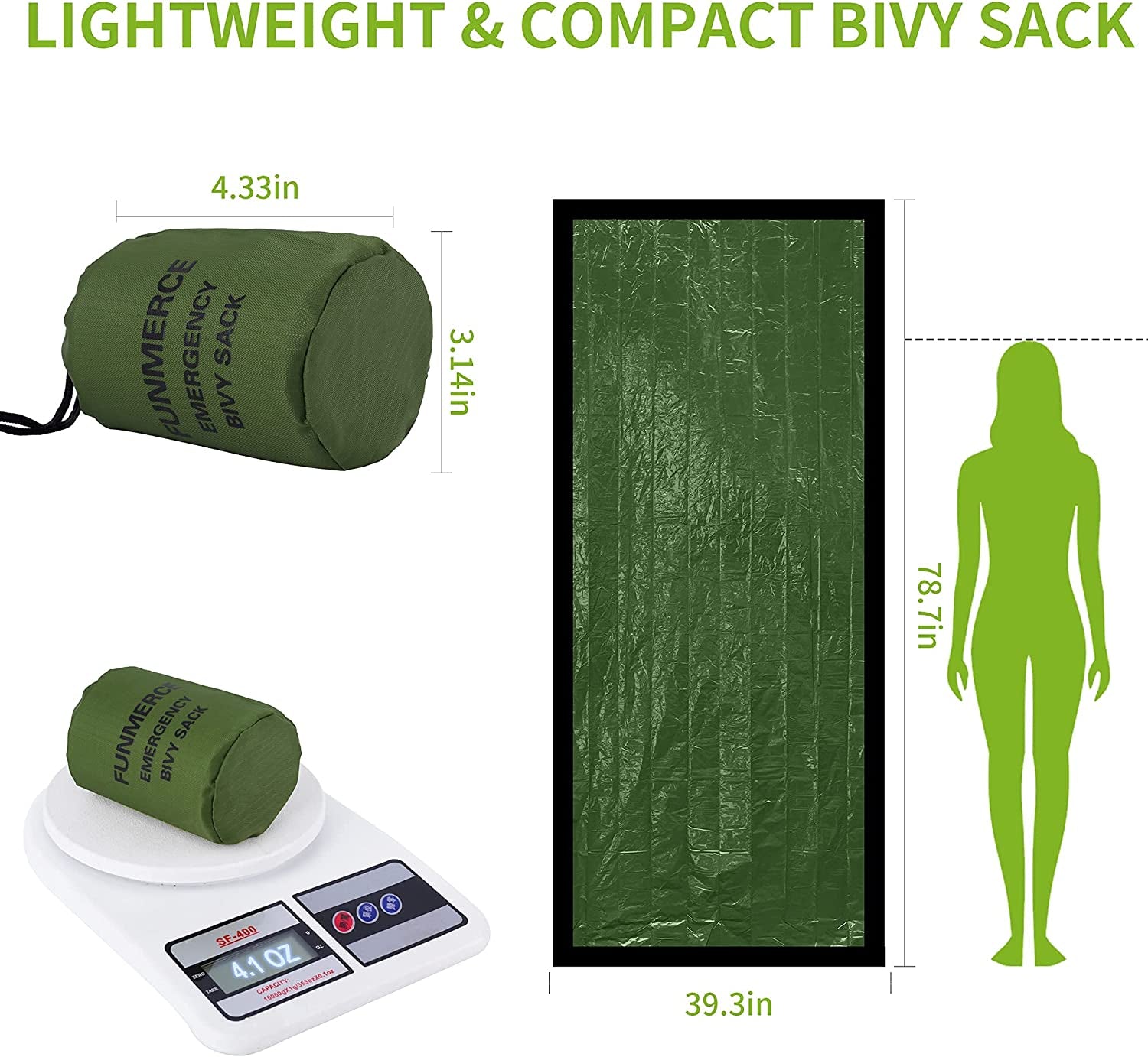 Emergency Sleeping Bag, Compact Survival Bivy Sack Use as Waterproof Thermal Emergency Blanket with Survival Whistle and Carabiner, for Outdoor Adventure(Green,2 Packs)