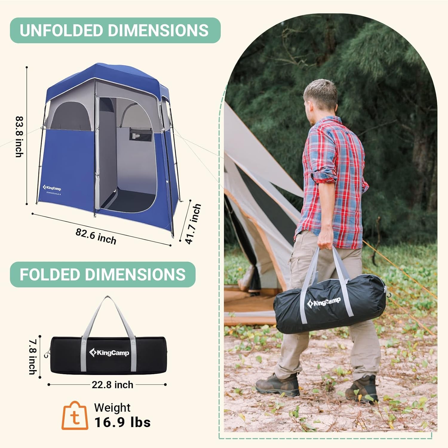 Shower Tent, Large Portable 1/2 Room Dressing, Toilet and Changing Tents with Shower Bag & Floor for Camping & Travel