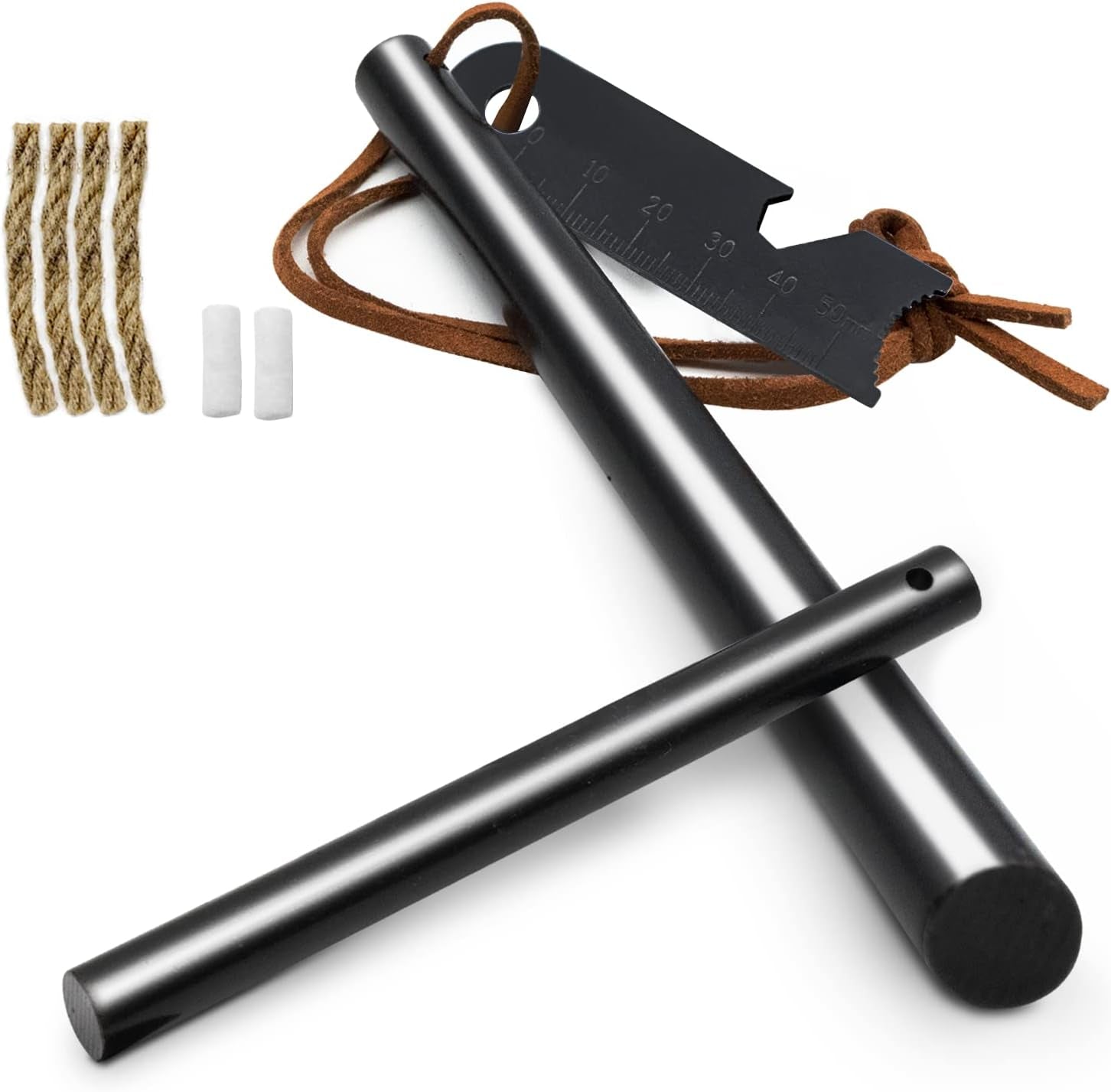 Fire Starter Survival Tool, Ferro Rod Kit with Leather Neck Lanyard and Multi-Tool Striker, Flint and Steel Survival Igniter with Tinder Rope and Tab for Camping, Hiking and Emergency