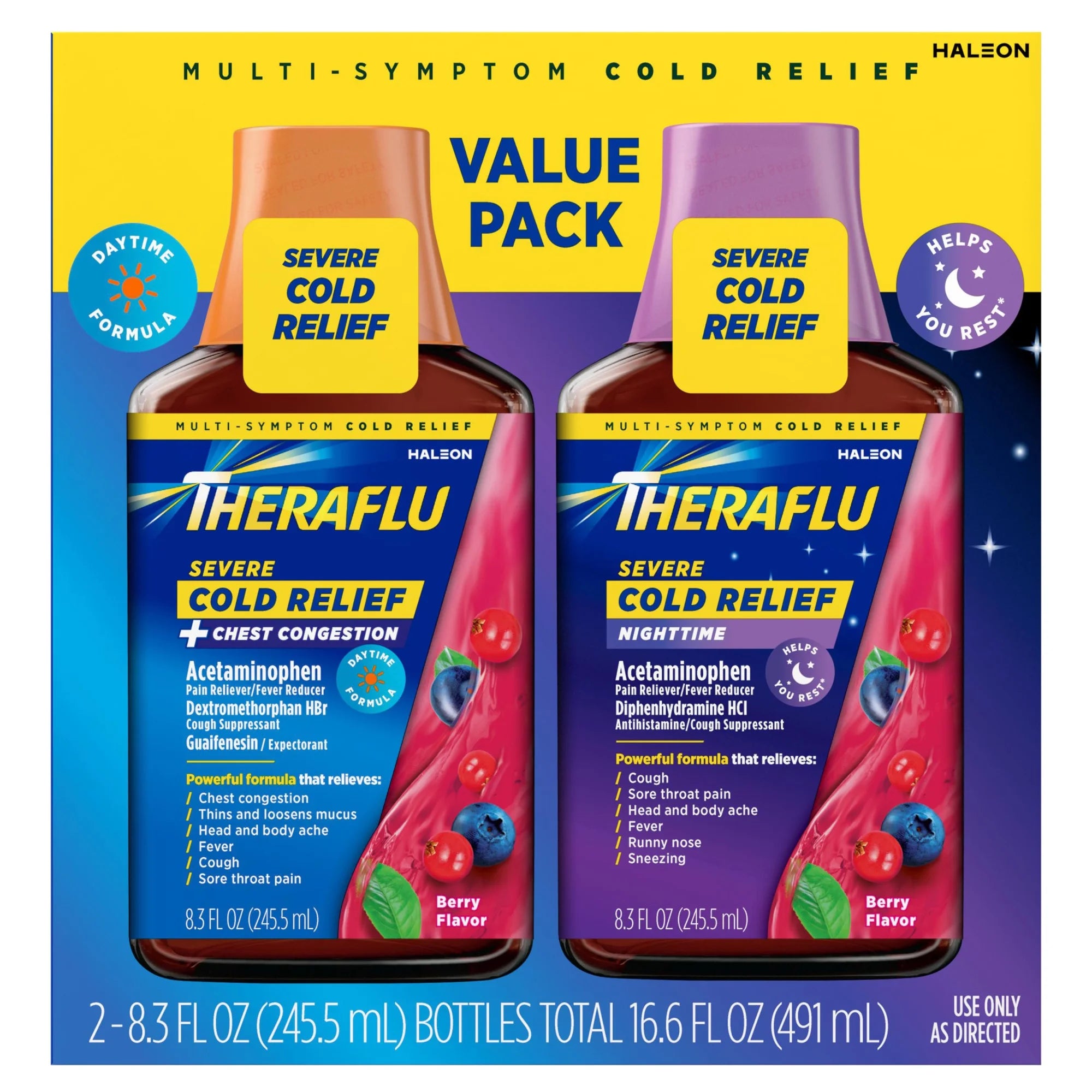 Severe Cough Cold and Flu Day and Nighttime Relief Medicine Syrup, Berry, 8.3 Fl Oz, 2 Pack