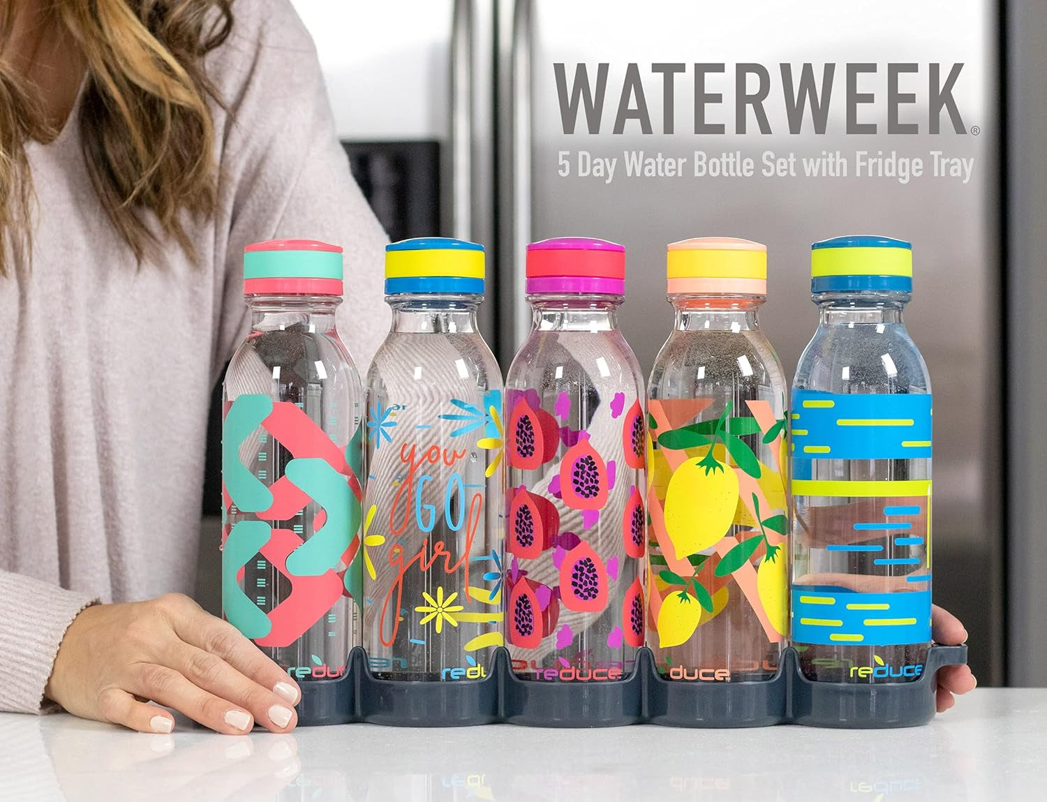 Waterweek Reusable Water Bottle Set, 20Oz – Plastic Reusable Water Bottle Set of 5, plus Fridge Tray – Bpa-Free, Leak Proof Twist off Cap – You Go Girl