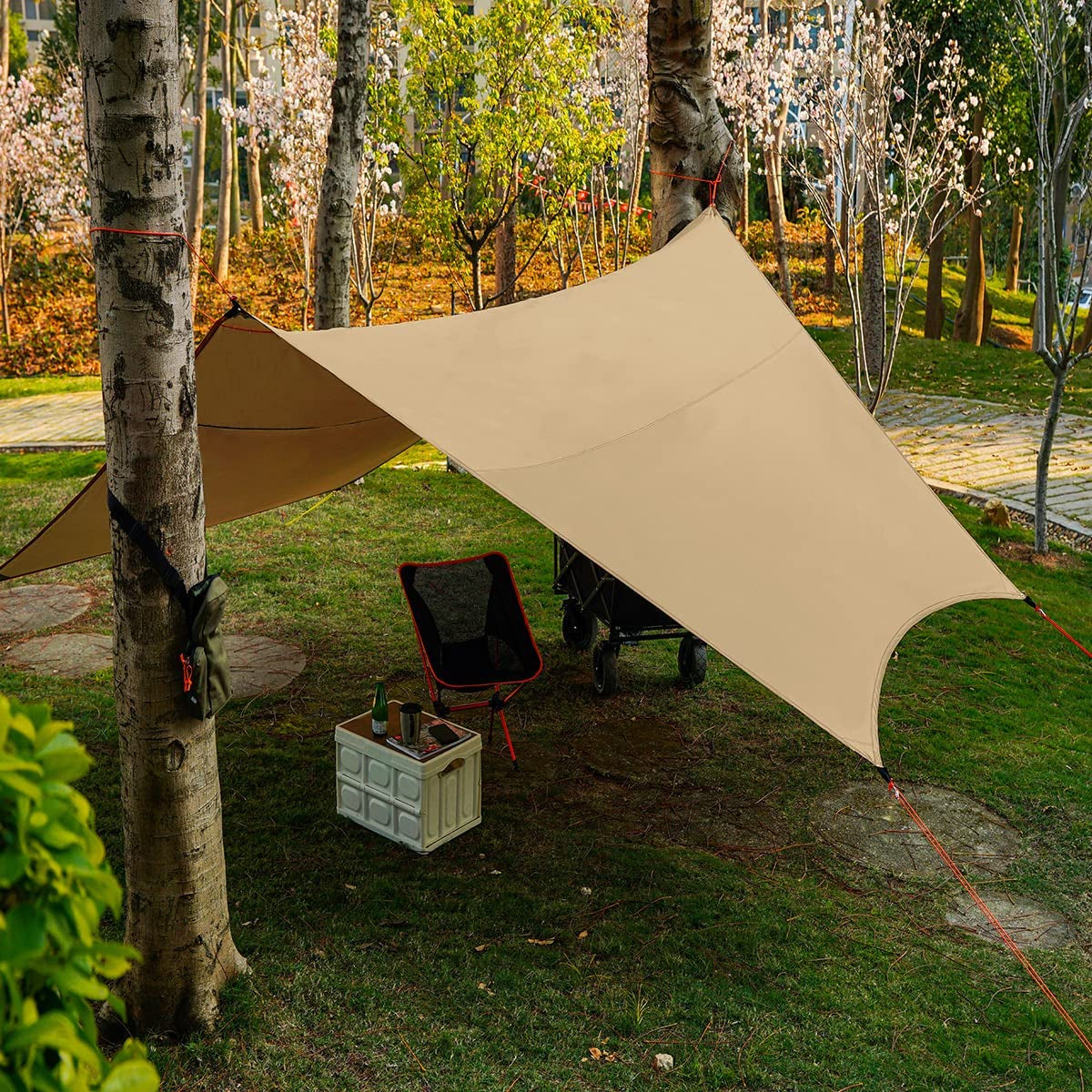 4.5X4.5M Large Camping Tarp Tent Ultralight Waterproof Hammock Rain Fly Mutifunctional Hexagon Tarpaulin Shelter for Bushcraft Picnic Backpacking Outdoor Survival (Beige Hexagonal Tarp, 15X15Ft)