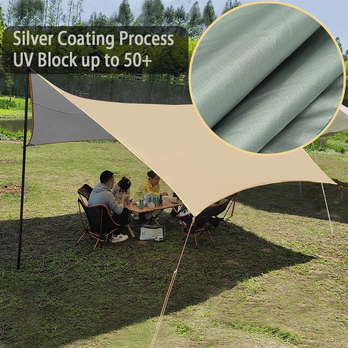 4.5X4.5M Large Camping Tarp Tent Ultralight Waterproof Hammock Rain Fly Mutifunctional Hexagon Tarpaulin Shelter for Bushcraft Picnic Backpacking Outdoor Survival (Beige Hexagonal Tarp, 15X15Ft)
