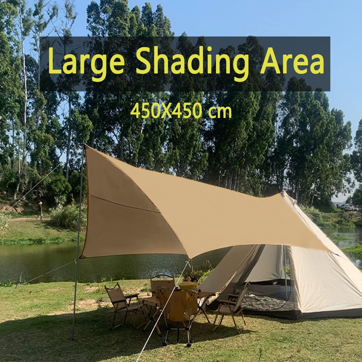 4.5X4.5M Large Camping Tarp Tent Ultralight Waterproof Hammock Rain Fly Mutifunctional Hexagon Tarpaulin Shelter for Bushcraft Picnic Backpacking Outdoor Survival (Beige Hexagonal Tarp, 15X15Ft)