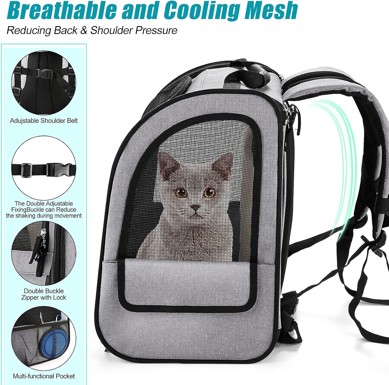 Cat Carrier Backpack,Dog Backpack with Safety Clip Inside,Breathable Mesh, Safety Buckles, Collapsible Bowl, Thick Pad, Pet Travel Bags for Small Dogs, Cats, Grey