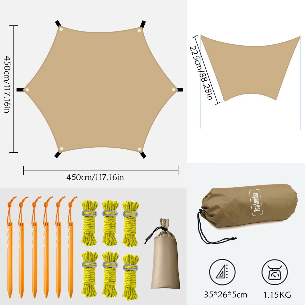4.5X4.5M Large Camping Tarp Tent Ultralight Waterproof Hammock Rain Fly Mutifunctional Hexagon Tarpaulin Shelter for Bushcraft Picnic Backpacking Outdoor Survival (Beige Hexagonal Tarp, 15X15Ft)