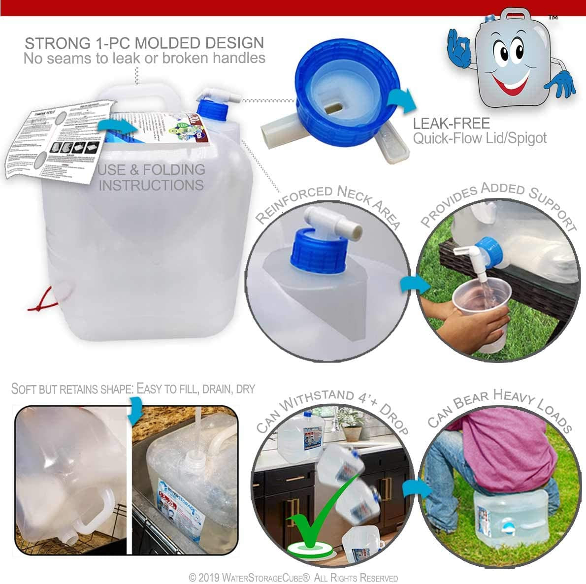 BPA Free Collapsible Water Container with Spigot, Camping Water Storage Carrier Jug for Outdoors Hiking Backpack & Survival Kit, Foldable Portable Water Canteen 1.3/2.6/5.3 Gallon