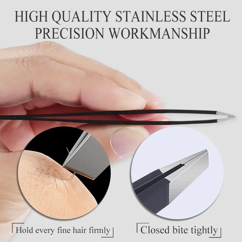 "" 4-Piece Tweezers Set - Professional Stainless Steel Precision Tools for Eyebrows, Facial Hair, Splinter, and Ingrown Hair Removal for Men and Women (Black)