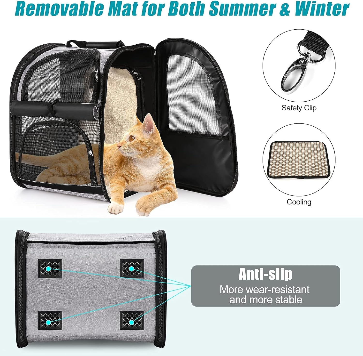 Cat Carrier Backpack,Dog Backpack with Safety Clip Inside,Breathable Mesh, Safety Buckles, Collapsible Bowl, Thick Pad, Pet Travel Bags for Small Dogs, Cats, Grey