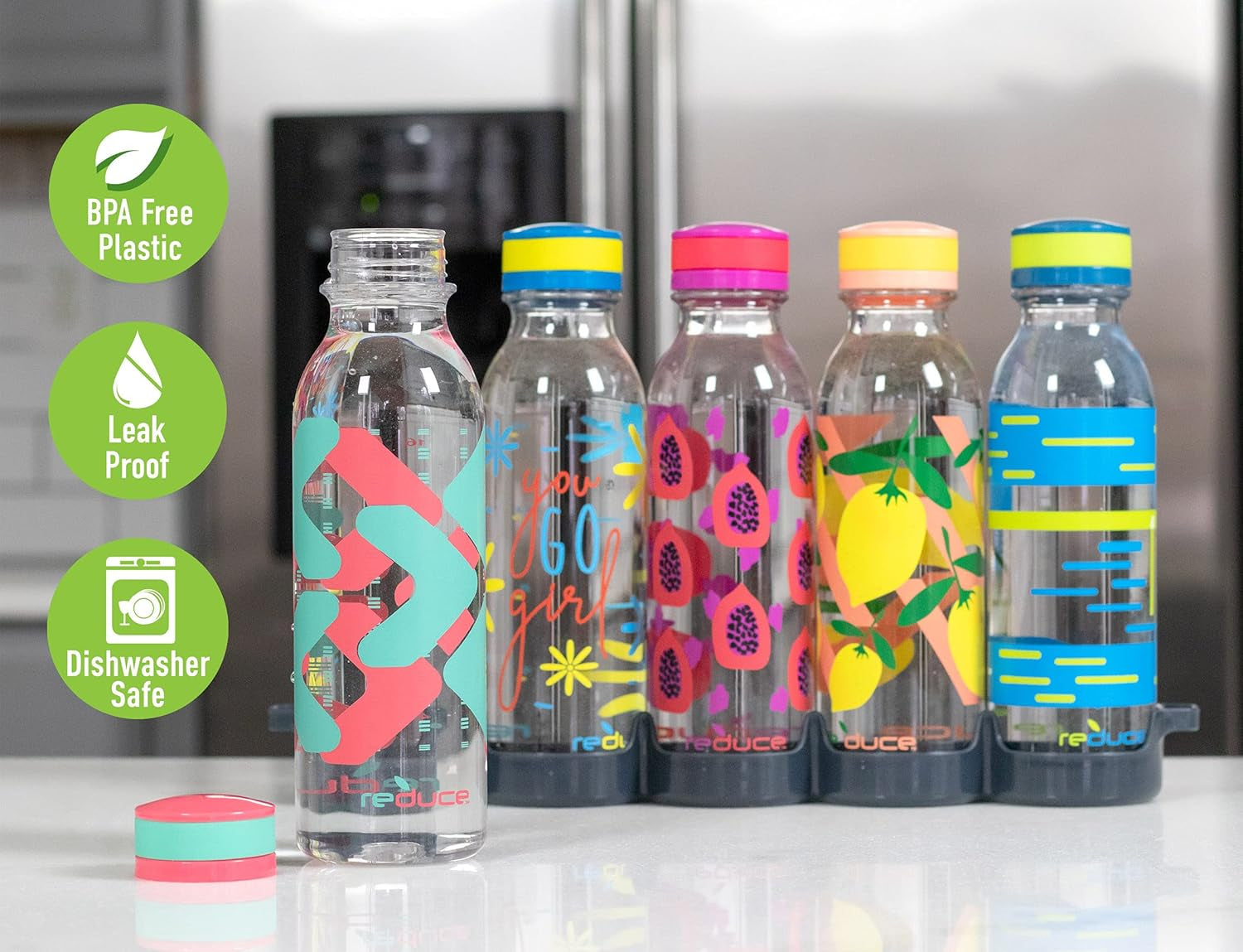 Waterweek Reusable Water Bottle Set, 20Oz – Plastic Reusable Water Bottle Set of 5, plus Fridge Tray – Bpa-Free, Leak Proof Twist off Cap – You Go Girl
