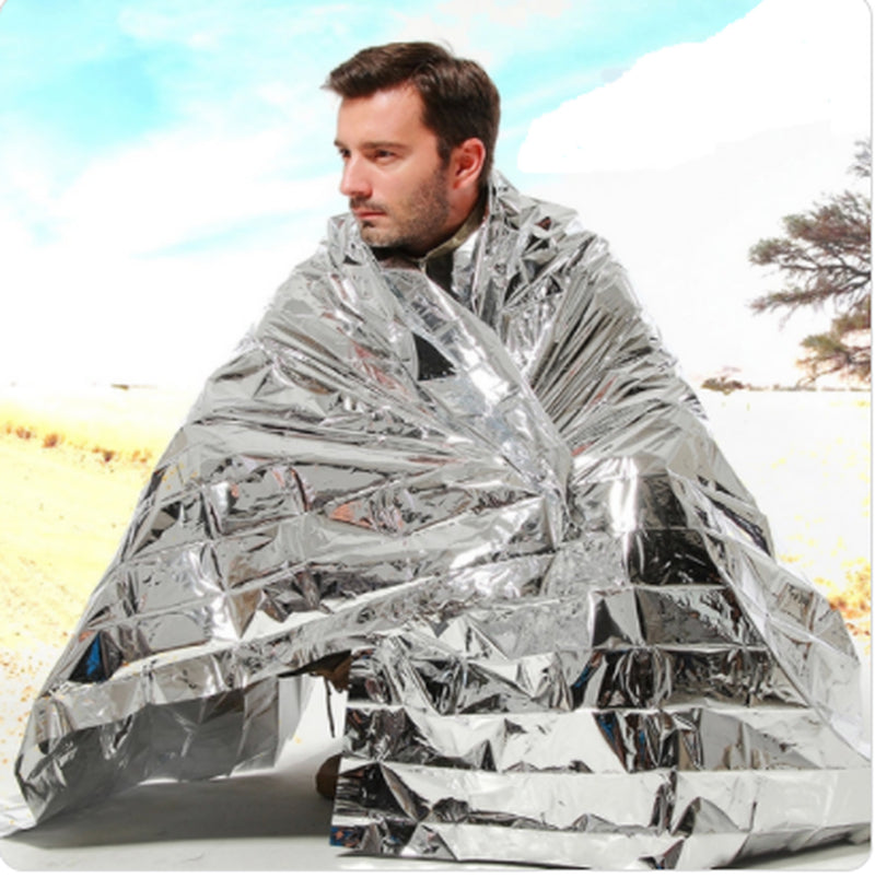 Human Body Hypothermia Lifesaving Emergency Blanket in Outdoor Field
