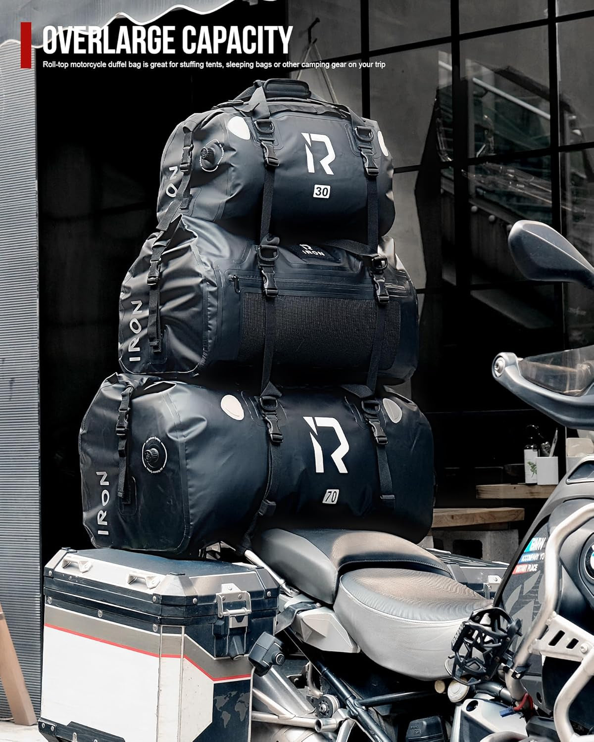 Motorcycle Dry Bag - Waterproof Duffle & Luggage Tail Bag Saddle Bags with Roll Top Closure, Shoulder Straps, Inner Pocket and Mesh Pocket (Black, 30L)