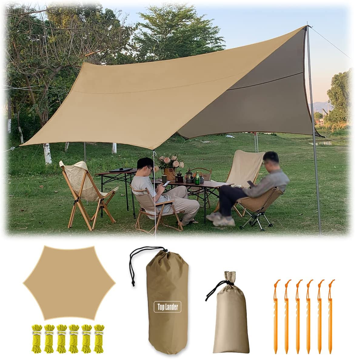 4.5X4.5M Large Camping Tarp Tent Ultralight Waterproof Hammock Rain Fly Mutifunctional Hexagon Tarpaulin Shelter for Bushcraft Picnic Backpacking Outdoor Survival (Beige Hexagonal Tarp, 15X15Ft)