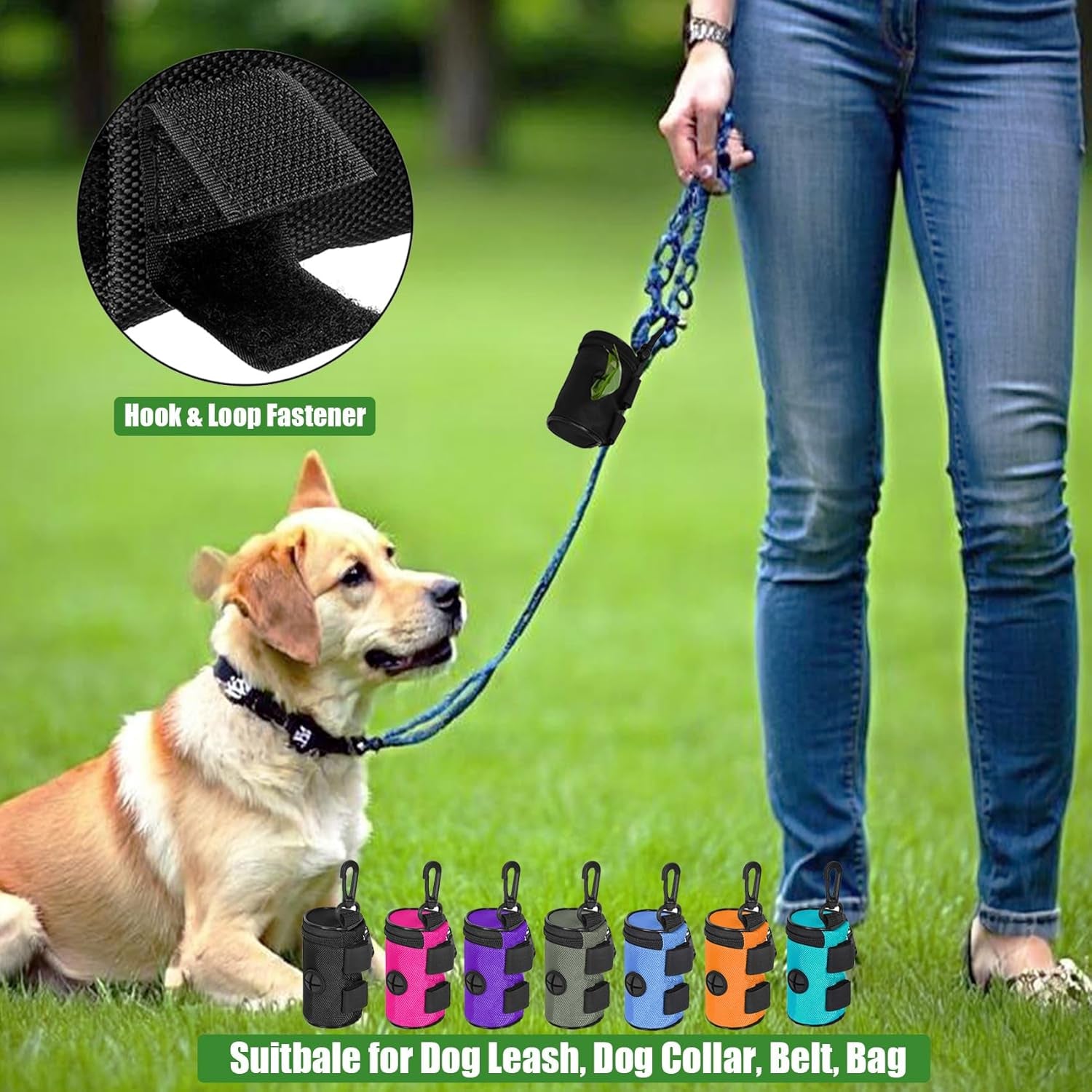Dog Poop Bag Holder for Leash Attachment - Waste Bag Dispenser for Leash - Fits Any Dog Leash - Portable Set with Hand Free Holder Metal Carrier, round Shape, Purple