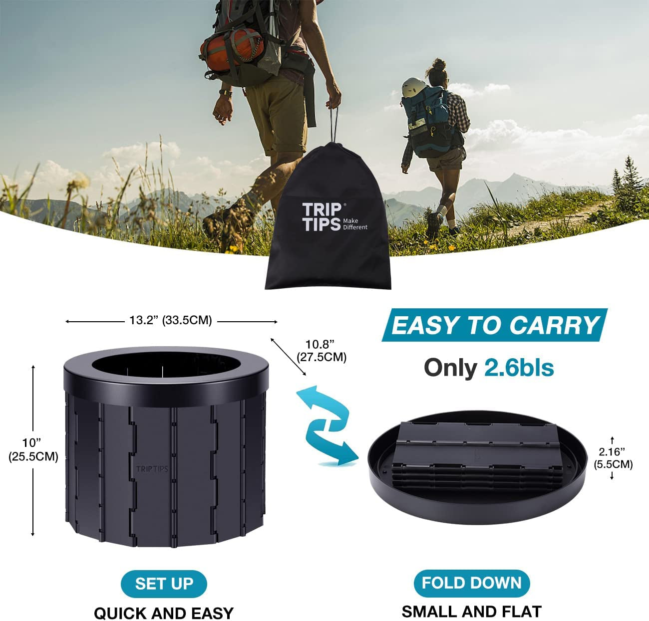 Portable Toilet for Car Travel, Camping, Adults - Folding Bucket Potty, Waterproof for Boat/Hiking/Long Trips