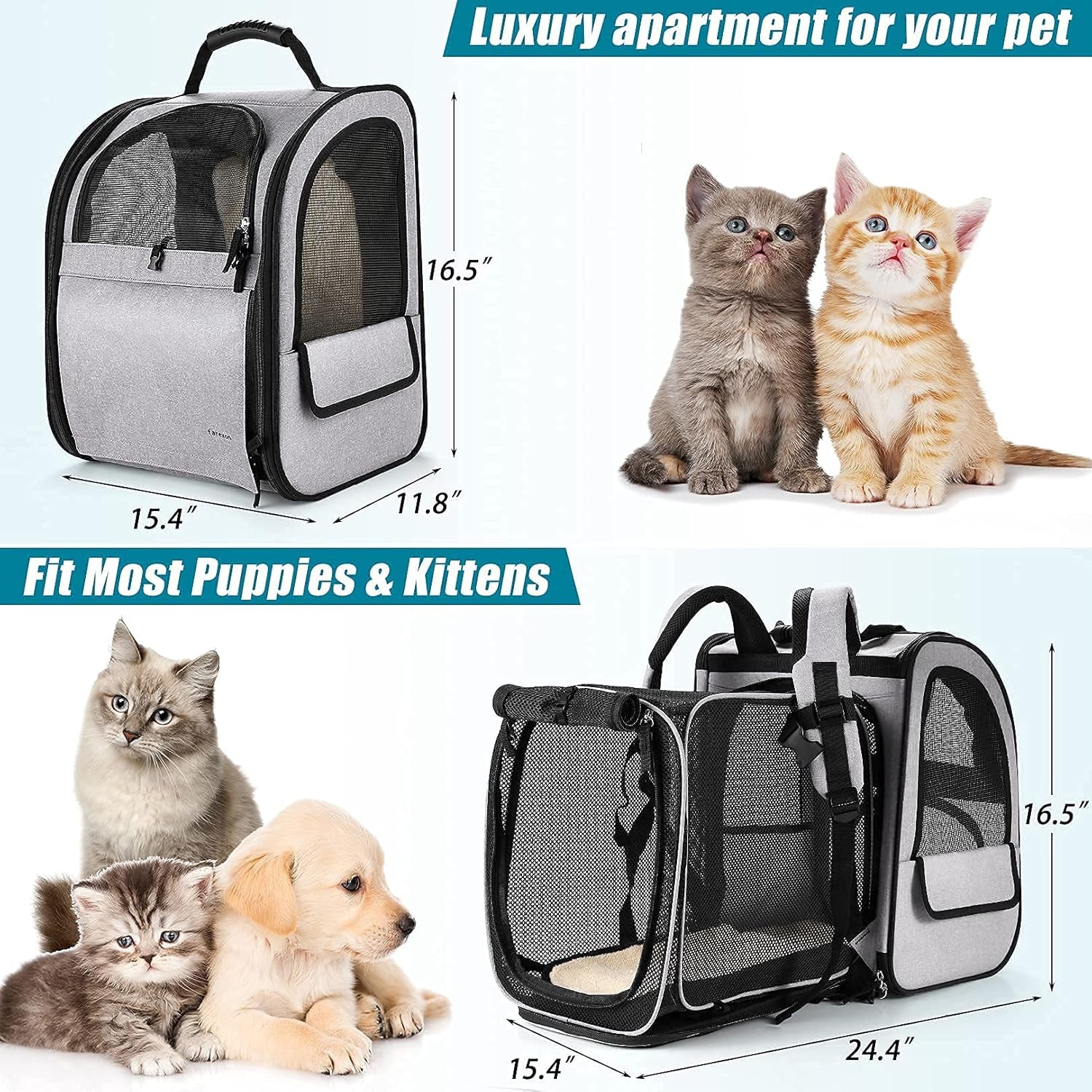 Cat Carrier Backpack,Dog Backpack with Safety Clip Inside,Breathable Mesh, Safety Buckles, Collapsible Bowl, Thick Pad, Pet Travel Bags for Small Dogs, Cats, Grey