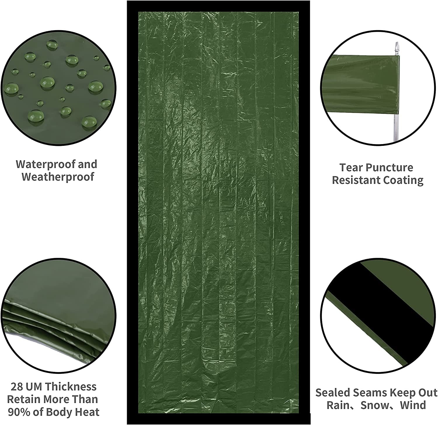 Emergency Sleeping Bag, Compact Survival Bivy Sack Use as Waterproof Thermal Emergency Blanket with Survival Whistle and Carabiner, for Outdoor Adventure(Green,2 Packs)
