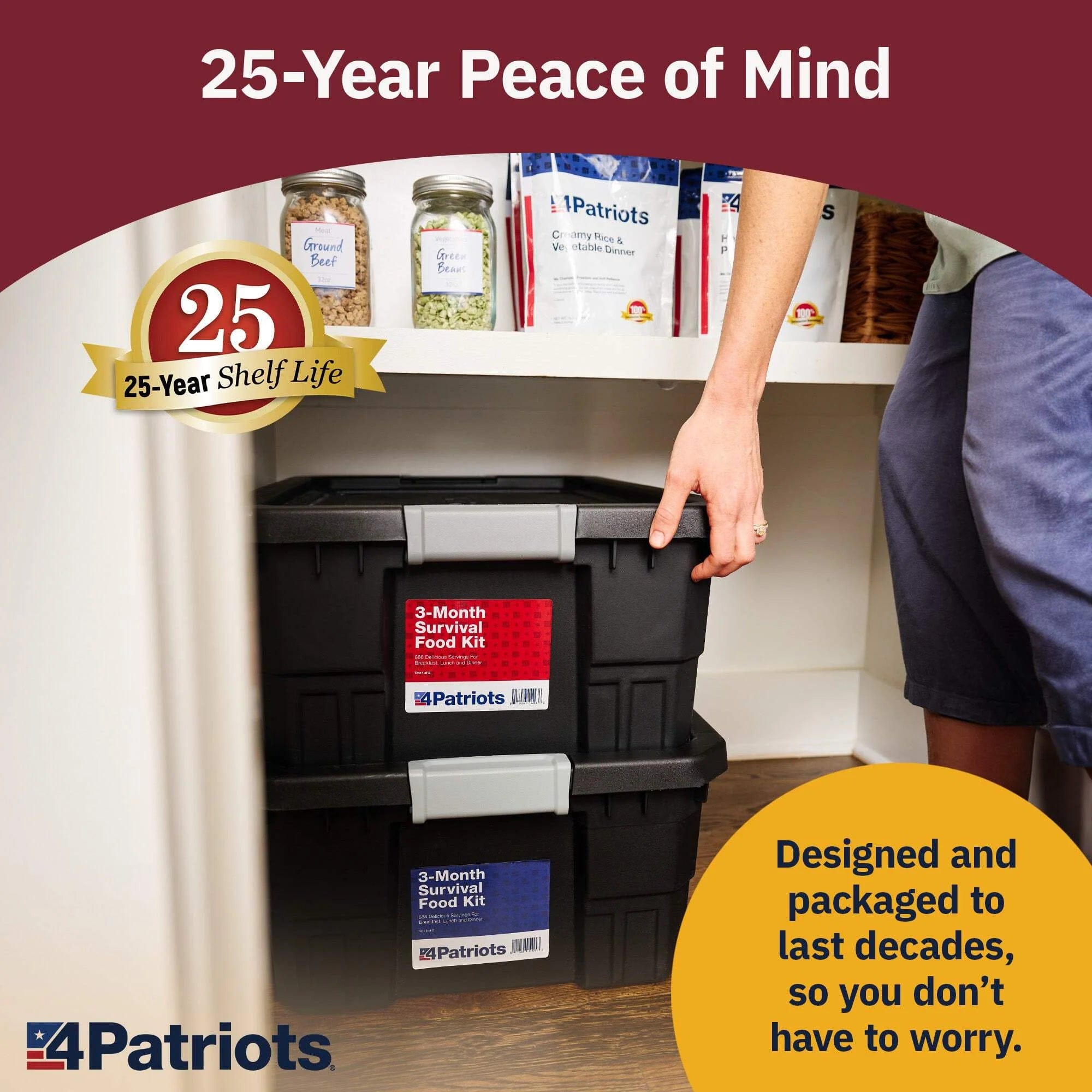 4Patriots: 3-Month Survival Food Kit - Emergency Food Supply - Freeze Dried Food - Designed to Last 25 Years - 688 Servings - 135,840 Total Calories - Disaster-Resistant Packaging