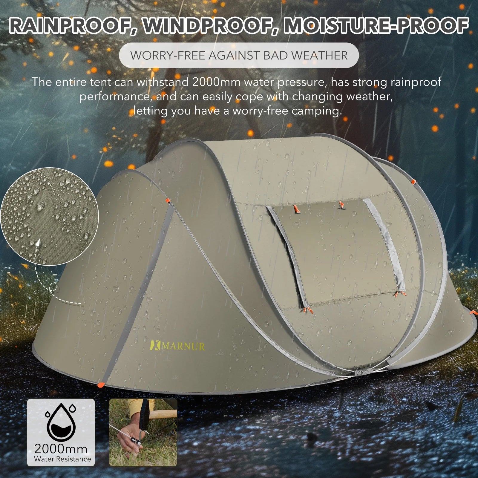 Instant Tent 4-Person Camp Tent, Auto Setup Pop up Tent, Waterproof, Huge Door & Windows, Green