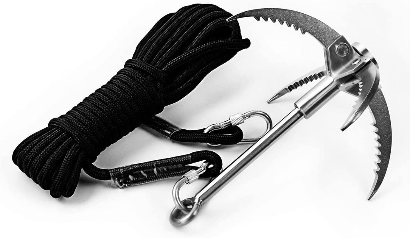 3-Claw 4-Claw Sawtooth Grappling Hook, with 10M/33Ft 8Mm Auxiliary Rope Stainless Steel Claw Carabiner for Outdoor Activity Magnet Fishing Tool
