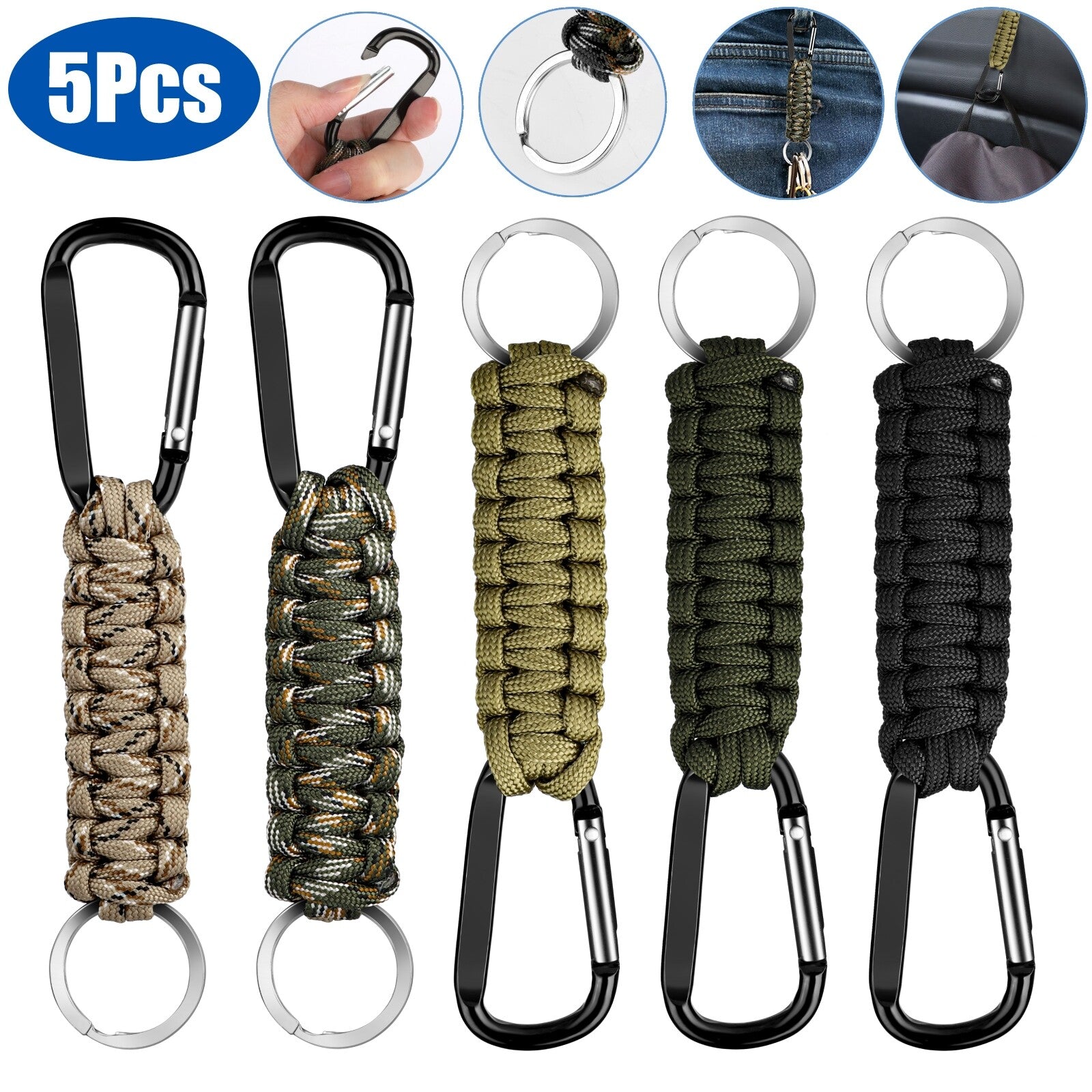 5Pcs Paracord Lanyard Keychain Keyring Cord W/Carabiner Outdoor Camping Survival