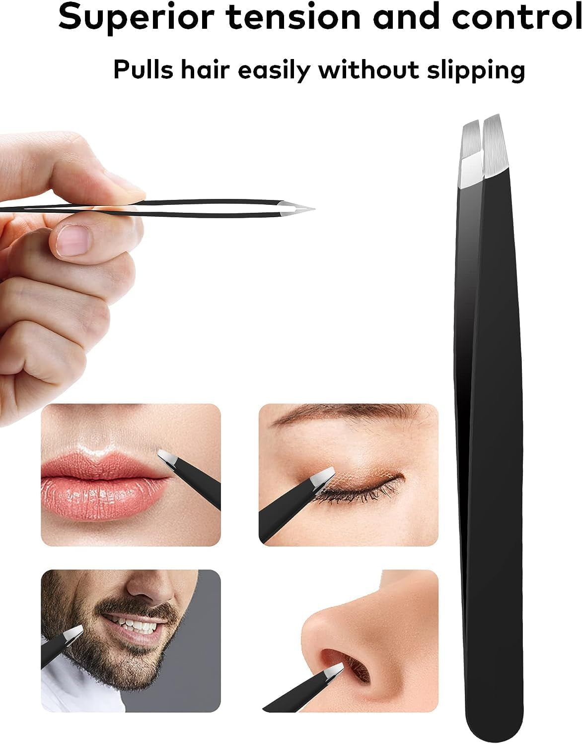 "" 4-Piece Tweezers Set - Professional Stainless Steel Precision Tools for Eyebrows, Facial Hair, Splinter, and Ingrown Hair Removal for Men and Women (Black)