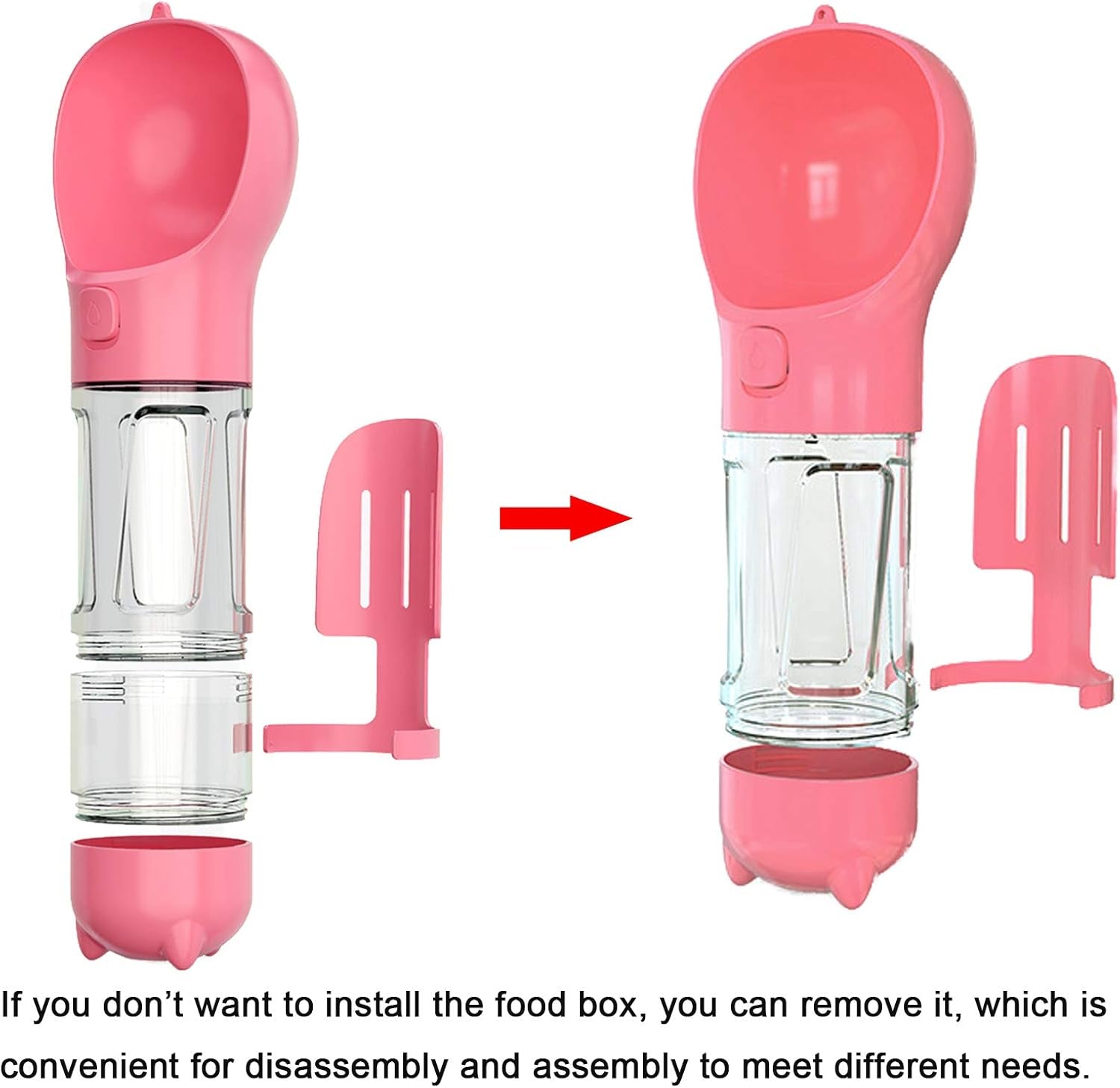 Dog Water Bottle, 4 in 1 Pet Travel Water Cup with Food Box, Shovel,Garbage Bags for Hiking Travel(Pink)