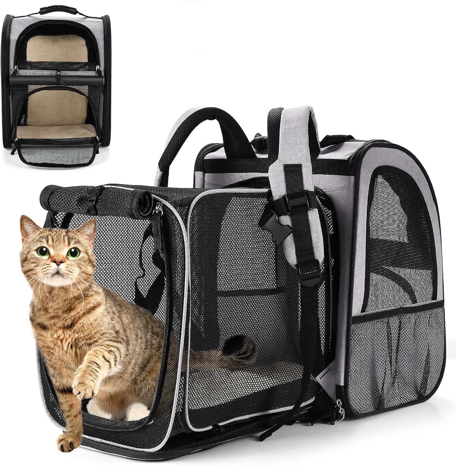 Cat Carrier Backpack,Dog Backpack with Safety Clip Inside,Breathable Mesh, Safety Buckles, Collapsible Bowl, Thick Pad, Pet Travel Bags for Small Dogs, Cats, Grey