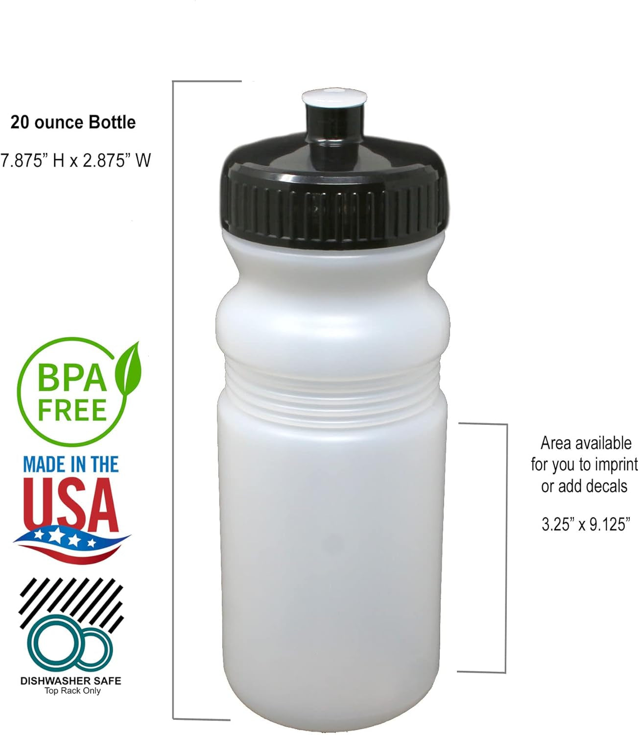 20 Ounce Sports Water Bottles 100 Pack, Bpa-Free, Made in USA, Dishwasher Safe