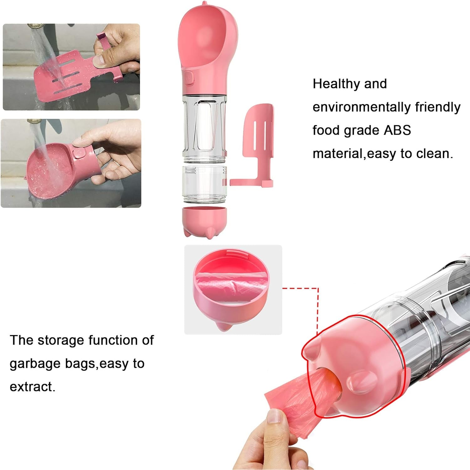 Dog Water Bottle, 4 in 1 Pet Travel Water Cup with Food Box, Shovel,Garbage Bags for Hiking Travel(Pink)