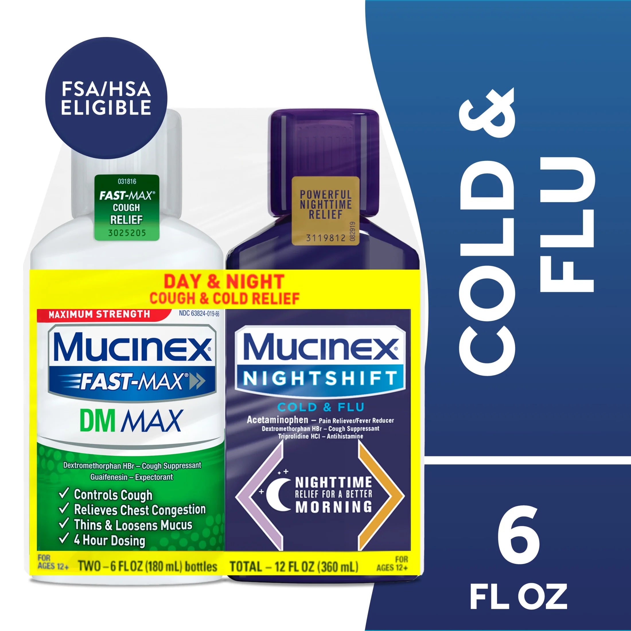 Fast-Max DM Max & Nightshift Cold and Flu Medicine, OTC Day/Night Cough Medicine, 2X6 Fl Oz