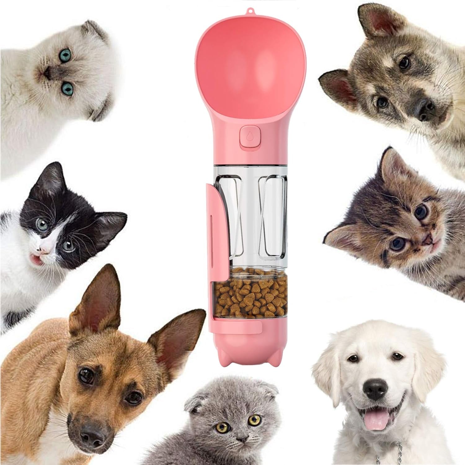 Dog Water Bottle, 4 in 1 Pet Travel Water Cup with Food Box, Shovel,Garbage Bags for Hiking Travel(Pink)